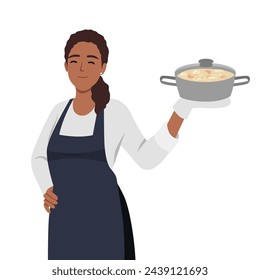 Housewife woman cooking food. Young woman cooking delicious vegetable soup. Holding pan with soup. Flat vector illustration isolated on white background