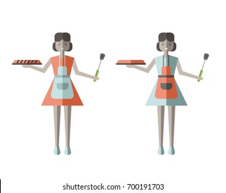 Housewife woman holding Fresh Baked Pie. Vector illustration in flat style, isolated on white background.