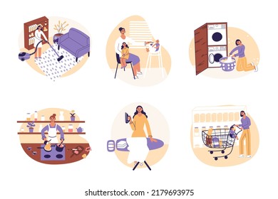 Housewife. Woman at household activities set. Colection of female doing house work. Girl cleaning, cooking, washing, ironing. Flat cartoon vector illustrtion, trendy colors, isolated white background.