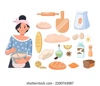 A Housewife Woman Kneads Baking Dough. A Young Woman, Baking And Cooking Items. Cutting Board, Rolling Pin, Bread, Dough. Vector Illustration