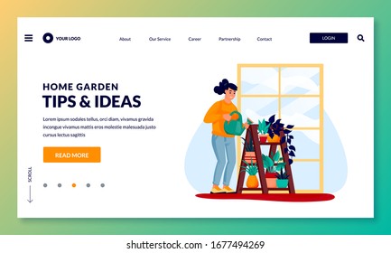 Housewife woman waters home plants and flowers. Wooden stand for houseplants, interior decor. Vector flat cartoon character illustration for poster, banner, web landing page. Gardening hobby concept.