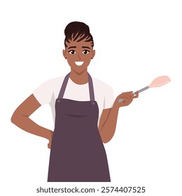 Housewife woman wearing apron with spatula for cooking. Flat vector Character Illustration