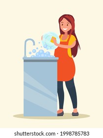 Ama de casa. La mujer que usa un delantal está lavando platos. Ilustración vectorial de un diseño plano