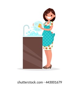 Housewife. The woman wearing in an apron is washing dishes. Vector illustration of a flat design