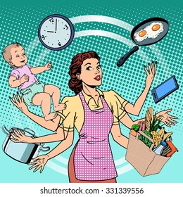 Housewife work time family success woman pop art retro style. A woman plans the time and manages to do everything around the house. Child care, work via smartphone, cooking, household chores.