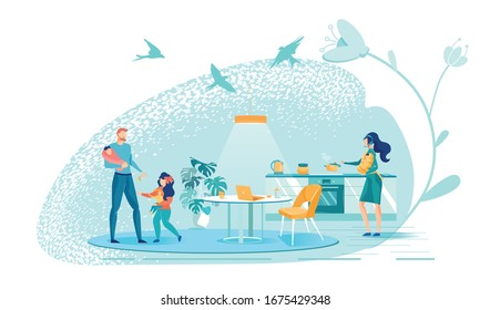 Housewife Working at Home Flat Vector Illustration. Busy Mother and Father with little Children Cartoon Characters. Young Woman with Headset Cooking Family Dinner. Telemarketing Agent Occupation