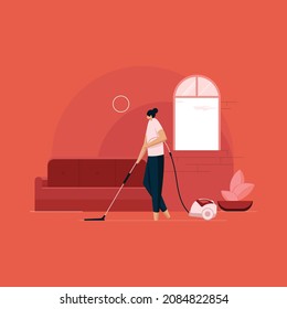 Housewife working at home, Women cleaning the house floor with vacuum cleaner