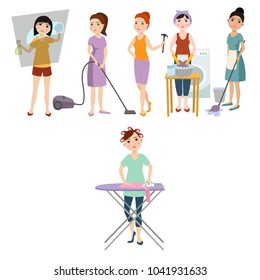 Housewifes homemaker woman cute cleaning cartoon girl housewifery female wife character vector illustration.