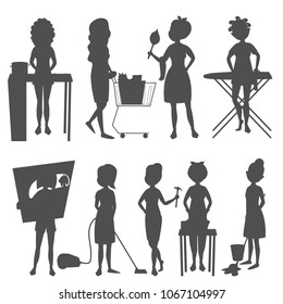 Housewifes homemaker woman silhouette cute cleaning cartoon girl housewifery female wife character vector illustration.