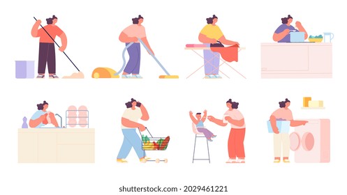 Housewives characters. Girl with vacuum cleaner, woman clean surfaces and cook. Mom working at home, tired female with dirty crockery utter vector set