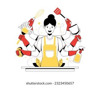 Housewives do housework, doing various kinds of chores. Multitasking vector illustration