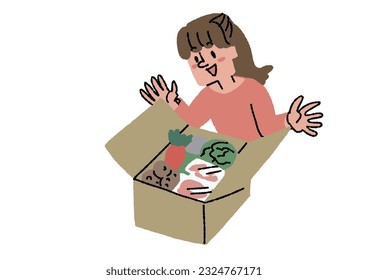 Housewives happy to see food delivered Illustrations related to cooking kit delivery service and lunch delivery service