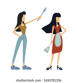 Housewives with kitchen utensils flat cartoon vector illustrations kit. Women holding cooking spatula. Ready to use 2d comic character set templates for commercial, animation, printing