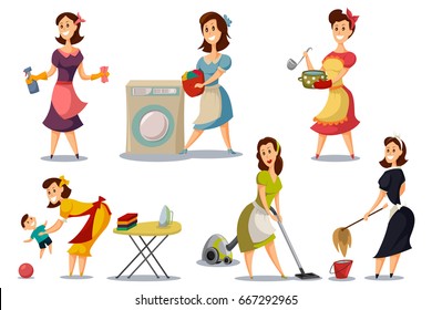 Housewives in a vintage retro style 50's vector set. Cartoon illustration of a mother with a vacuum cleaner, ironing, washing, cooking, playing with a baby. Woman character does housework.