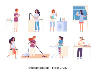 Amas de casa. Mujer ama de casa haciendo tareas domésticas, la feliz madre cocina en la cocina, planchando y limpiando, aspirando. Caracteres vectoriales de dibujos animados. Ilustración de madre ama de casa, preparación para el hogar y lavado