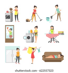 Housewives at work washing, cleaning, cooking vector flat icons