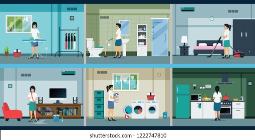 Housewives are working in many different rooms.