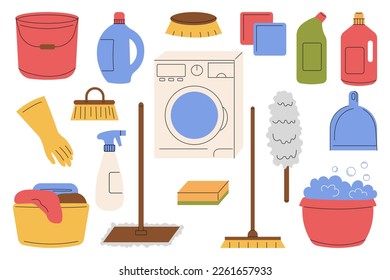 Accesorios para el hogar ilustración plana vectorial. Limpiando elementos Estilo de dibujo. Cepillos, cucharas, detergentes, guantes de caucho, lavadora