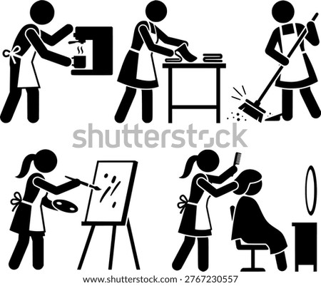 Housework Activity Icon Set with Cleaning Cooking Painting and Haircut