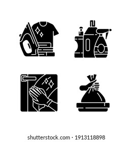 Housework black glyph icons set on white space. Ironing clothing, washing window, taking out trash and cleaning products. Housekeeping duties silhouette symbols. Vector isolated illustrations