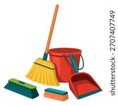 Housework broom mop cleaning tools dustpan isolated vector illustration on white background