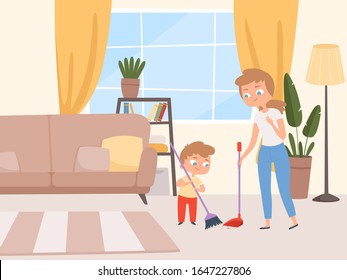 Housework Children Help. Kids Washing Living Room With Parents Cleaning House With Father And Mother Vector Cartoon Characters