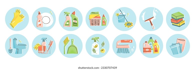Housework circle icon set. Cleaning supplies like detergent bottles, dish soap, brushes, sponges. Vector illustration of housekeeping concept. Cleaning products and tools in hand drawn style.