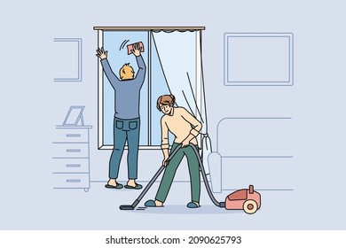 Housework and cleaning apartment concept. Young couple in home clothes cleaning window and vacuuming carpet together at home at weekend vector illustration 