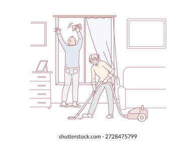 Housework and cleaning apartment concept. Young couple in home clothes cleaning window and vacuuming carpet together at home at weekend vector illustration