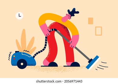 Housework and cleaning home concept. Young smiling man cartoon character cleaning floor carpet with vacuum cleaner vector illustration