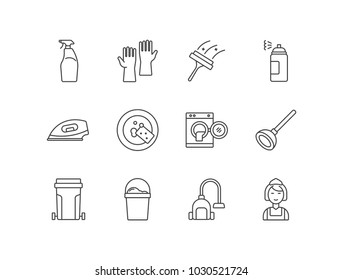 Housework and cleaning line icons set with detergent, rubber gloves, glass cleaner tool, spray, iron, washing machine, plunger, trash can, bucket soap, vacuum cleaner, maid.