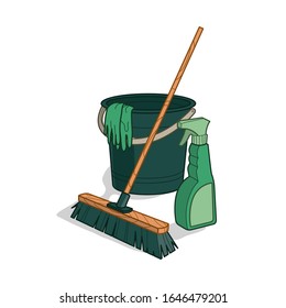 Housework cleaning with set of products brooms bucket mop spray plunger brush. equipment for house keeping. household chemicals. isolated vector illustration on white.