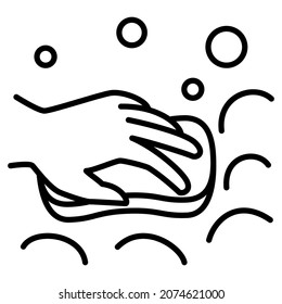 Hogar - limpiando la superficie con una esponja y espuma. Una mano con una esponja en espuma de jabón. Desinfección, higiene. Servicio de limpieza. Icono del vector, contorno, aislado.  Trazo editable.