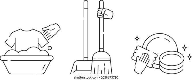 Housework cleaning tools and icons