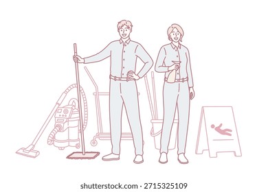 Concepto de trabajadores de limpieza y trabajo doméstico. Mujer sonriente joven y limpiadores del hombre en uniforme azul que sostiene las herramientas para limpiar en la Ilustración vectorial de las manos