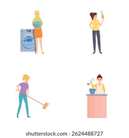 Housework concept icons set cartoon vector. Housewife cleaning and housekeeping. Household work