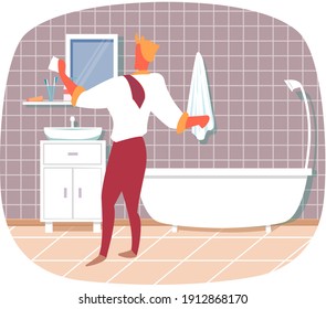 Housework concept with man in bathroom washes mirror or tile with rag. Stay at tidy home. Man in bathroom dressed in white shirt, red pants takes hygiene procedures in room with bathtub and washbasin