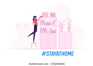 Housework at Covid19 Quarantine Self Isolation, Stay Home, Disinfection. Housewife Character Cleaning Wiping Book Shelves with Duster and Sprayer with Antibacterial Liquid. Cartoon Vector Illustration