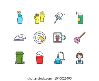 Housework flat line colored icons set with detergent, rubber gloves, squeeze, sprayer, iron, dish sponge, washing machine, plunger, trash bin, mop bucket, vacuum cleaner, maid.