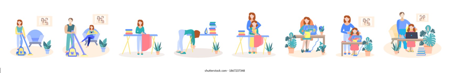 Hausarbeit. Hilf deiner Mutter! Vater und Tochter helfen Mutter beim Reinigen, Bügeln, Nähen. Vater macht Hausaufgaben mit seiner Tochter. Amicable Familie. Vektorgrafik-Satz von Illustrationen im flachen Stil einzeln.