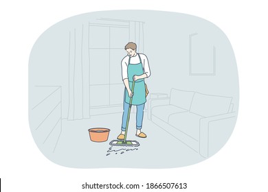 Housework, home assistant, occupation concept. Young man professional cleaner in apron washing floor with special brush and making housework in apartment. Job, specialist, working sphere illustration 