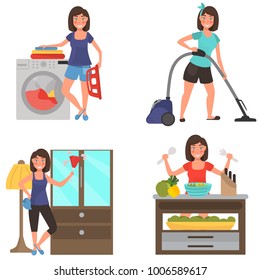 Housework at home color flat illustration set