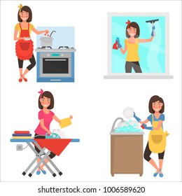 Housework at home color flat illustration set