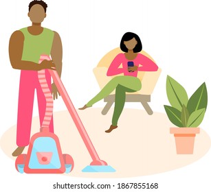Housework. House cleaning. African-AmericanMan with a vacuum cleaner, a woman sitting in an armchair. The husband vacuums the room,  the wife rests on a chair. Vector illustration in a flat style.