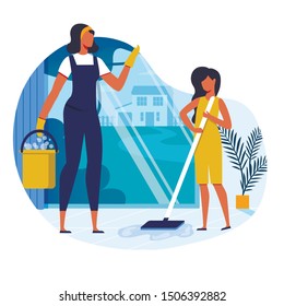 Housework, Household Chores Vector Illustration. Young Mother and Daughter Mopping Floor Cartoon Characters. Woman in Overalls and Rubber Gloves Holding Bucket. House Cleaning, Housekeeping