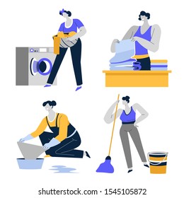 Housework and housekeeping, cleaning house, housewife or maid isolated icons vector. Laundry and mopping floor, woman putting dirty clothes in washing machine. Girl wiping flooring with mop and bucket