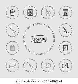 Housework icon. collection of 13 housework outline icons such as washing machine, bucket, vacuum cleaner, cleaning tools, broom. editable housework icons for web and mobile.