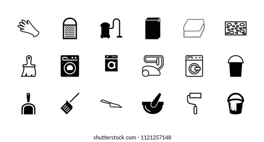 Housework icon. collection of 18 housework filled and outline icons such as bucket, washing machine, vacuum cleaner, gloves. editable housework icons for web and mobile.