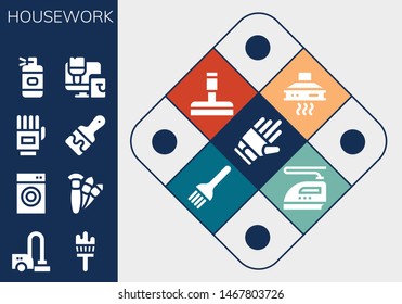 housework icon set. 13 filled housework icons.  Simple modern icons about  - Gloves, Vacuum cleaner, Painting brush, Washing machine, Brushes, Paint brush, Spray bottle, Paint roller