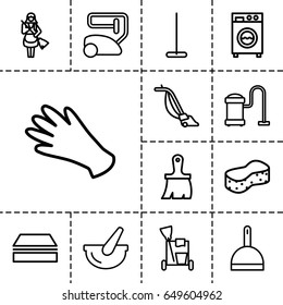 Housework icon. set of 13 outline housework icons such as gloves, cleaning tools, vacuum cleaner, mop, dustpan, sponge, maid, brush, bucket